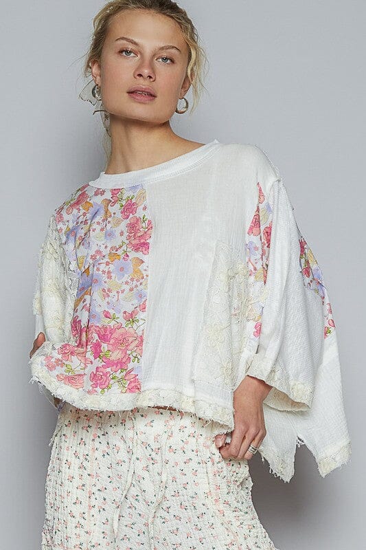 POL Floral Lace Patch Round Neck Double Gauze Top - Sydney So Sweet