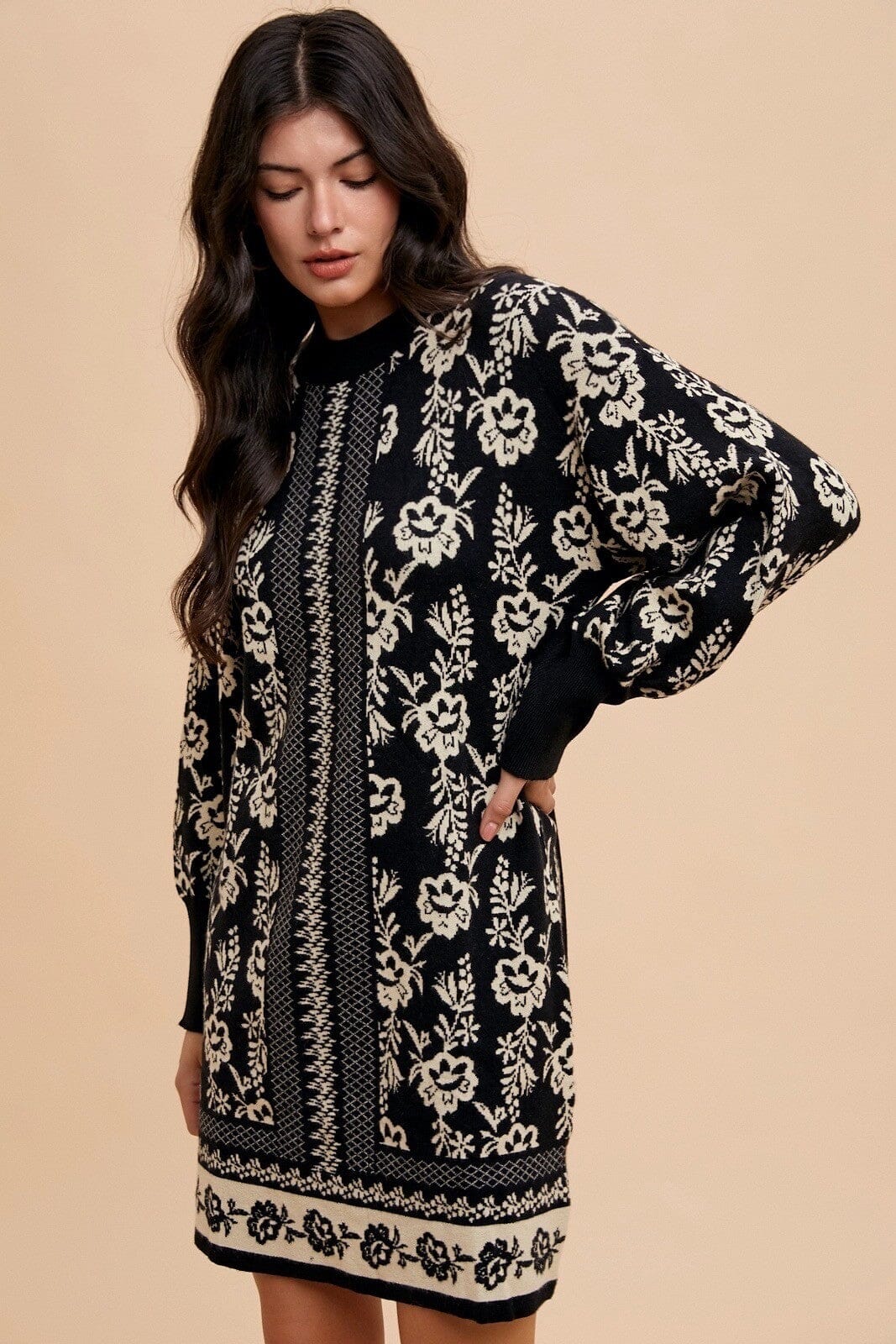 Annie Wear Floral Jacquard Round Neck Sweater Dress - Sydney So Sweet