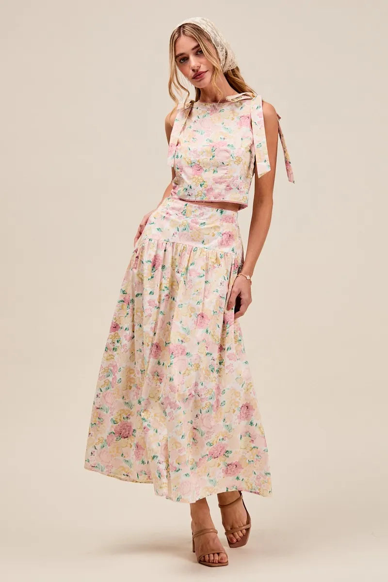 SO ME Floral Printed Woven Shoulder Bow Tie Top and Skirt Set - Sydney So Sweet