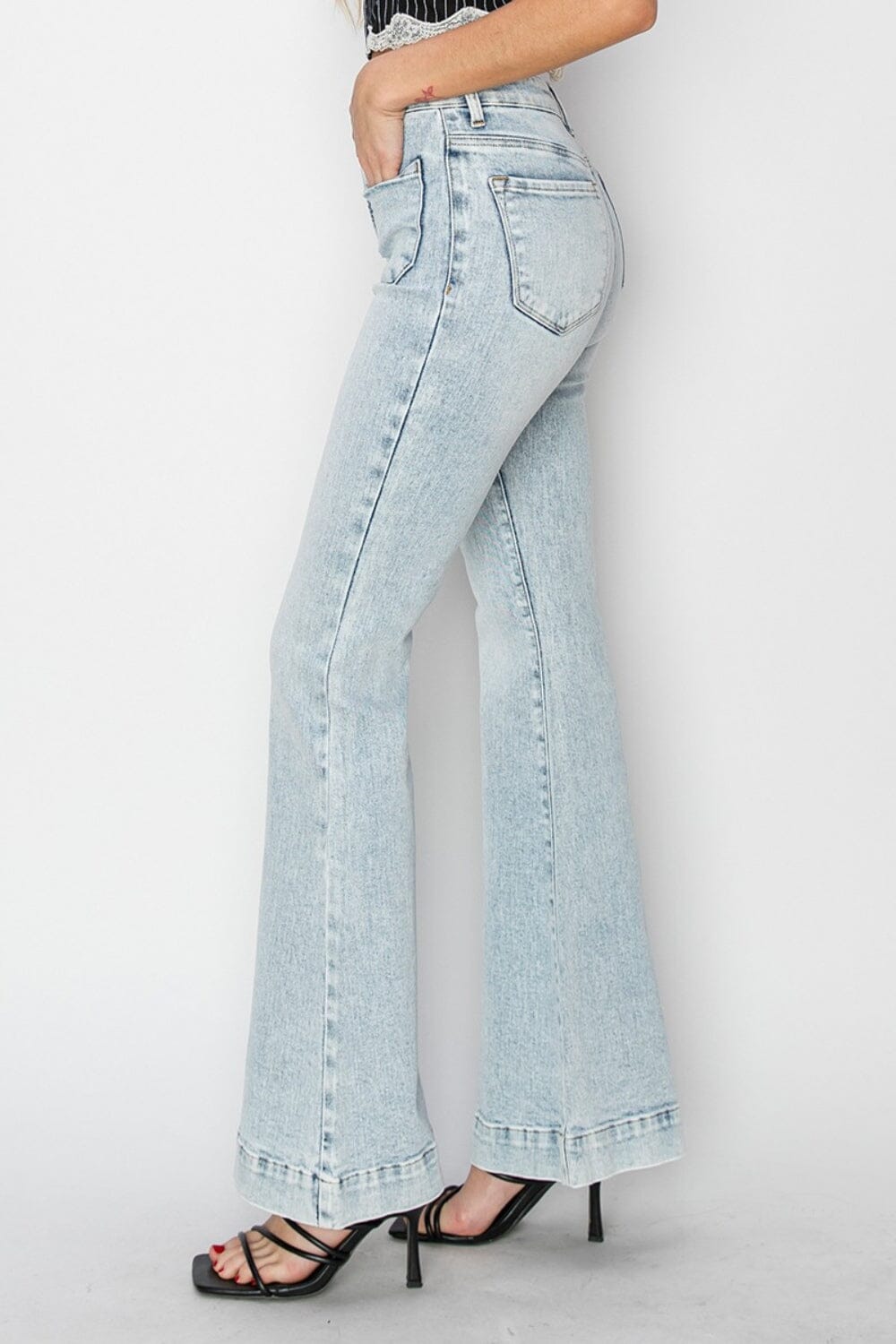 Risen Full Size High Rise Front Patch Pocket Flare Jeans - Sydney So Sweet