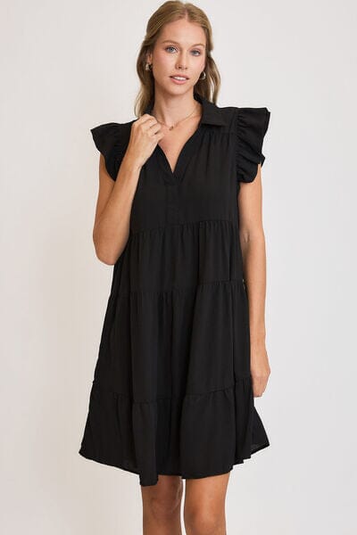 Umgee Full Size Johnny Collar Ruffle Cap Sleeve Tiered Dress Plus Size - Sydney So Sweet
