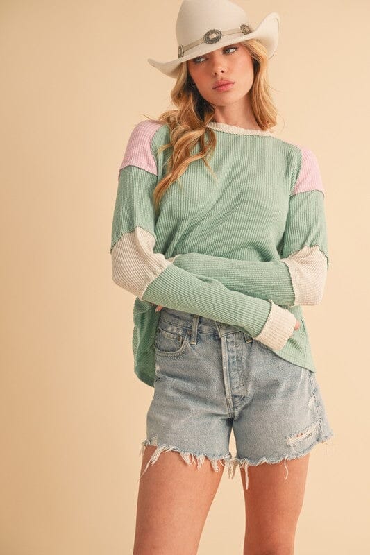 Aemi + Co Raw Seam Color Block Round Neck Knit Top - Sydney So Sweet