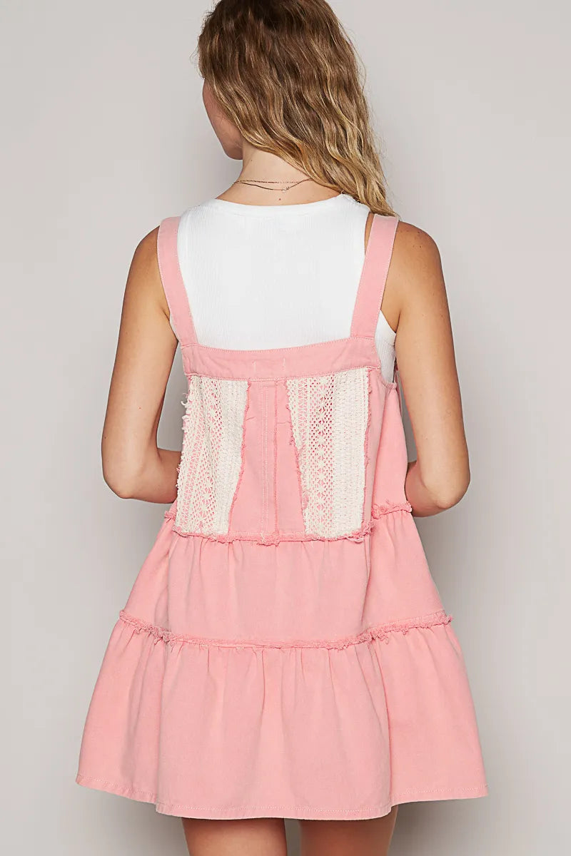 POL Lace Patchwork Detail Denim Overall Dress - Sydney So Sweet