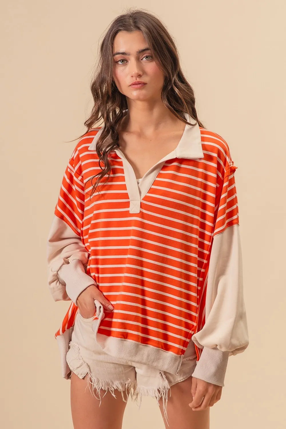 BiBi Stripe Knit Loose Fit Top With Cut Edge Detail - Sydney So Sweet