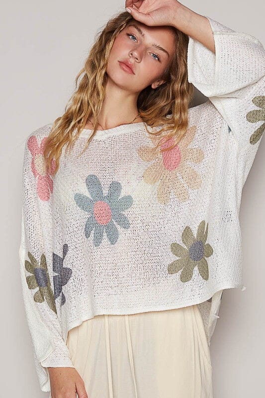 POL Flower Dropped Shoulder Long Sleeve Knit Top - Sydney So Sweet