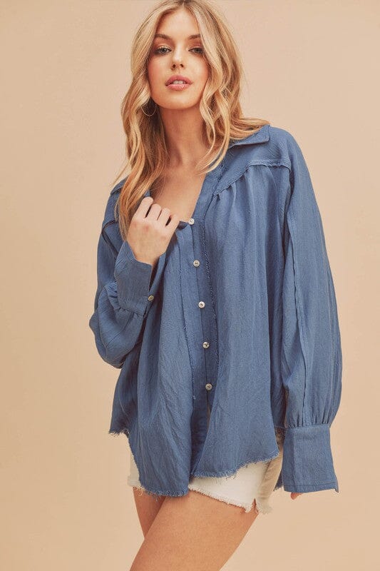 Aemi + Co Raw Hem Button Down Raglan Sleeve Shirt - Sydney So Sweet