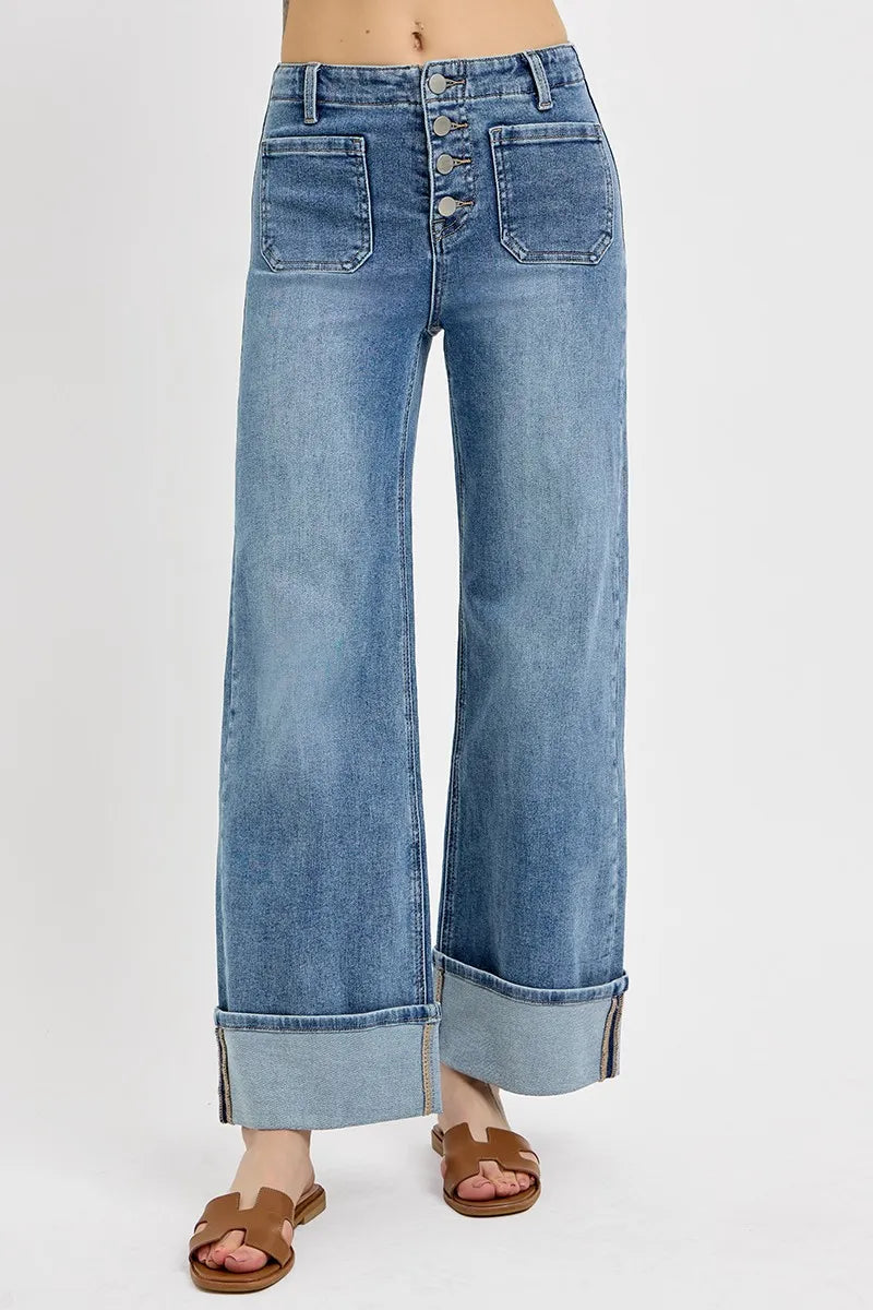 RISEN High Rise Ankle Wide Button Patch Pocket Cuffed Jeans - Sydney So Sweet