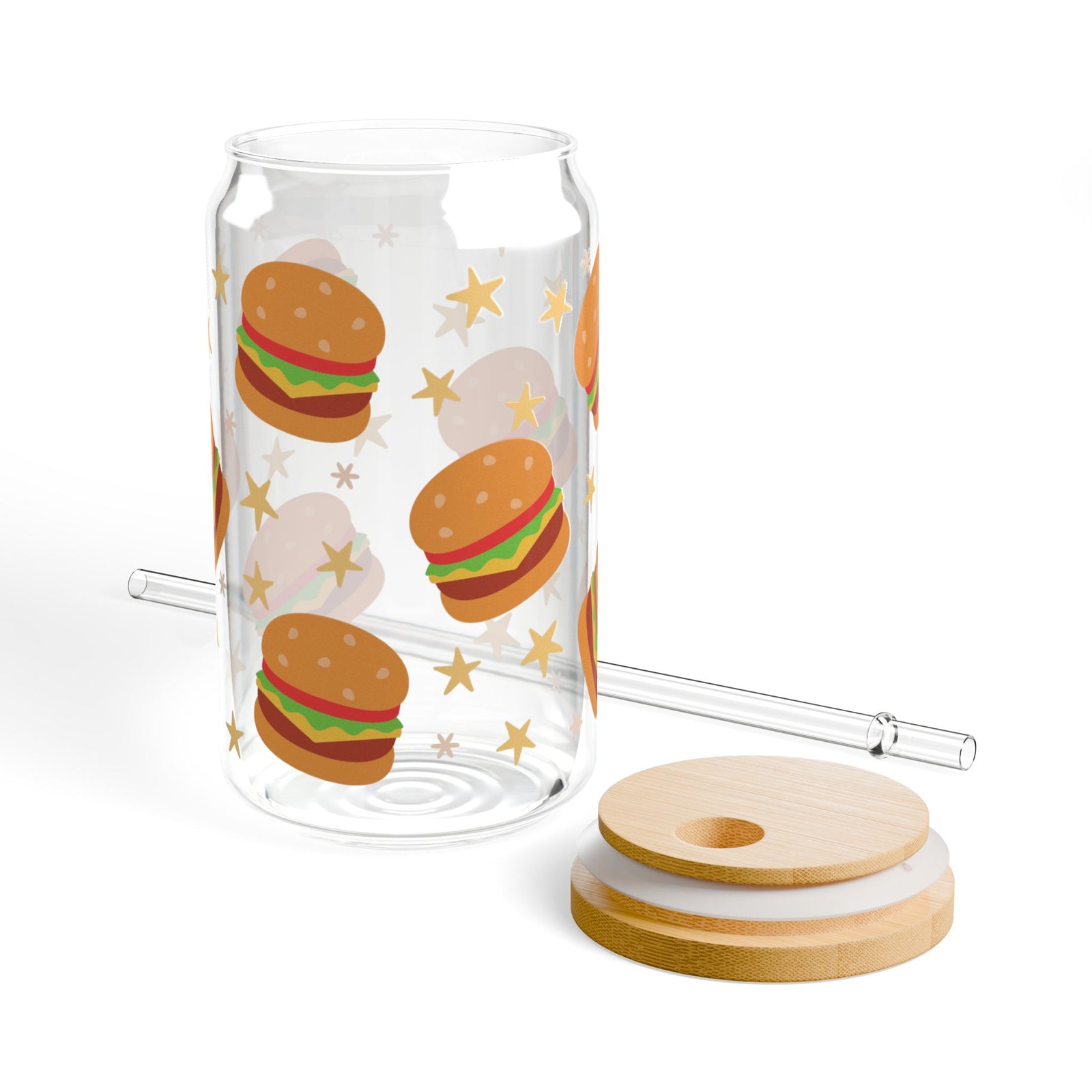Burgers Tumbler Sipper Glass 16oz — Reusable Drink Jar with Lid & Straw