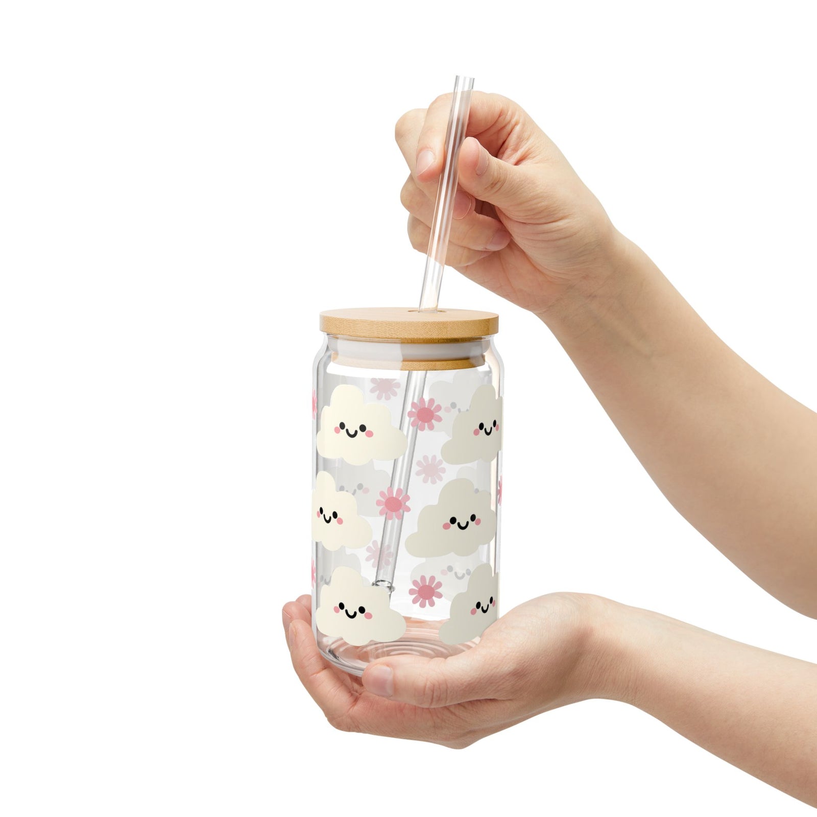 Cute Kawaii Cloud Tumbler Sipper Glass 16oz — Reusable Drink Jar with Lid & Straw