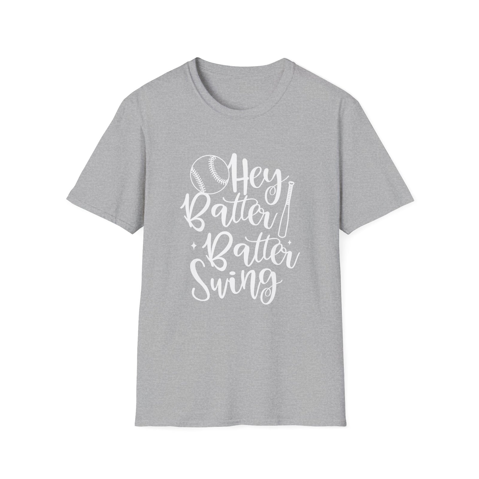 Hey Batter Batter Swing Baseball Graphic T-Shirt Cute Sports Mom Tee (12 Team Colors)