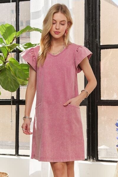 ADORA Mineral Washed V-Neck Ruffled Cap Sleeve Dress - Sydney So Sweet