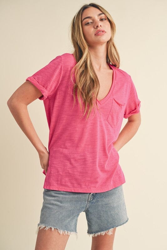 Aemi + Co Side Slit V-Neck Short Rolled Sleeve T-Shirt - Sydney So Sweet