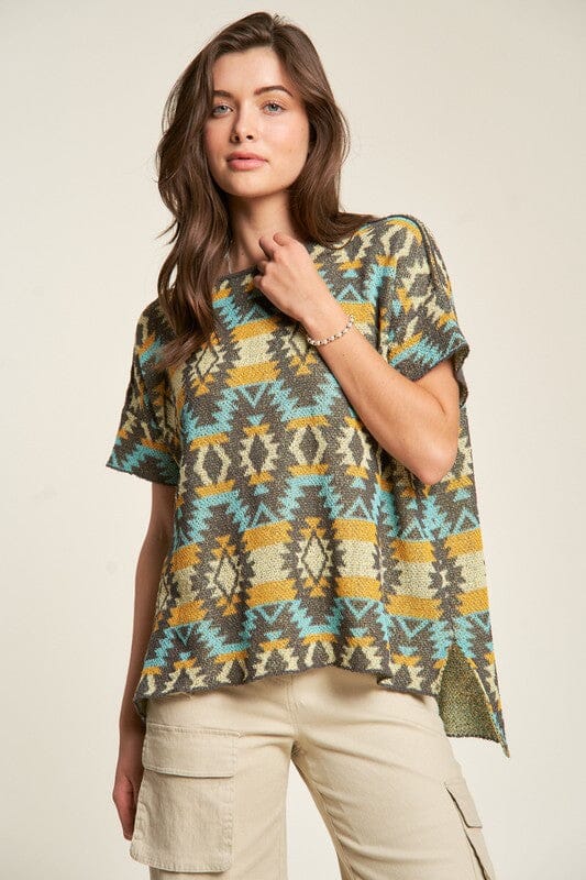 Davi & Dani High-Low Geometric Round Neck Knit Top - Sydney So Sweet
