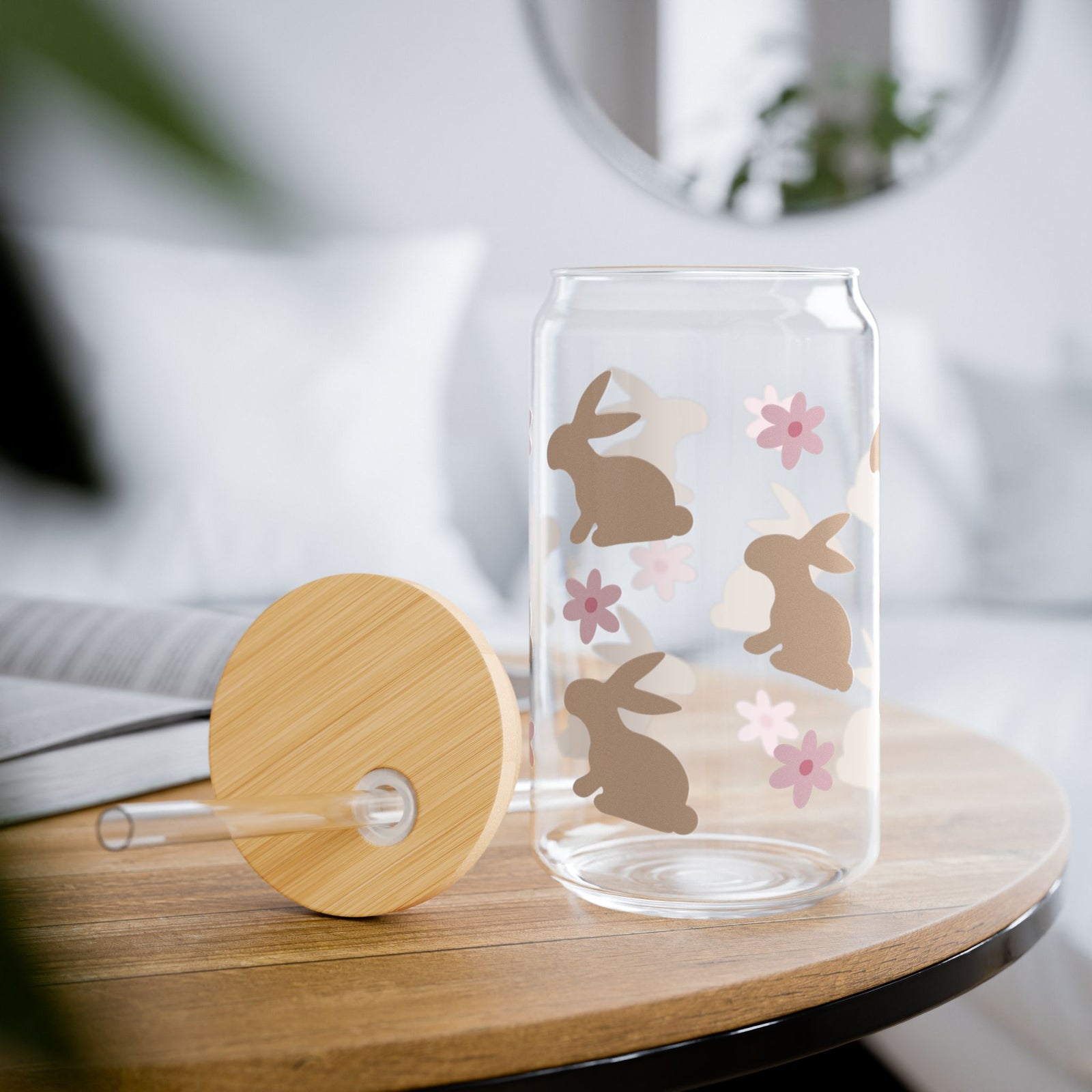 Daisy Bunny Tumbler Sipper Glass 16oz — Reusable Drink Jar with Lid & Straw