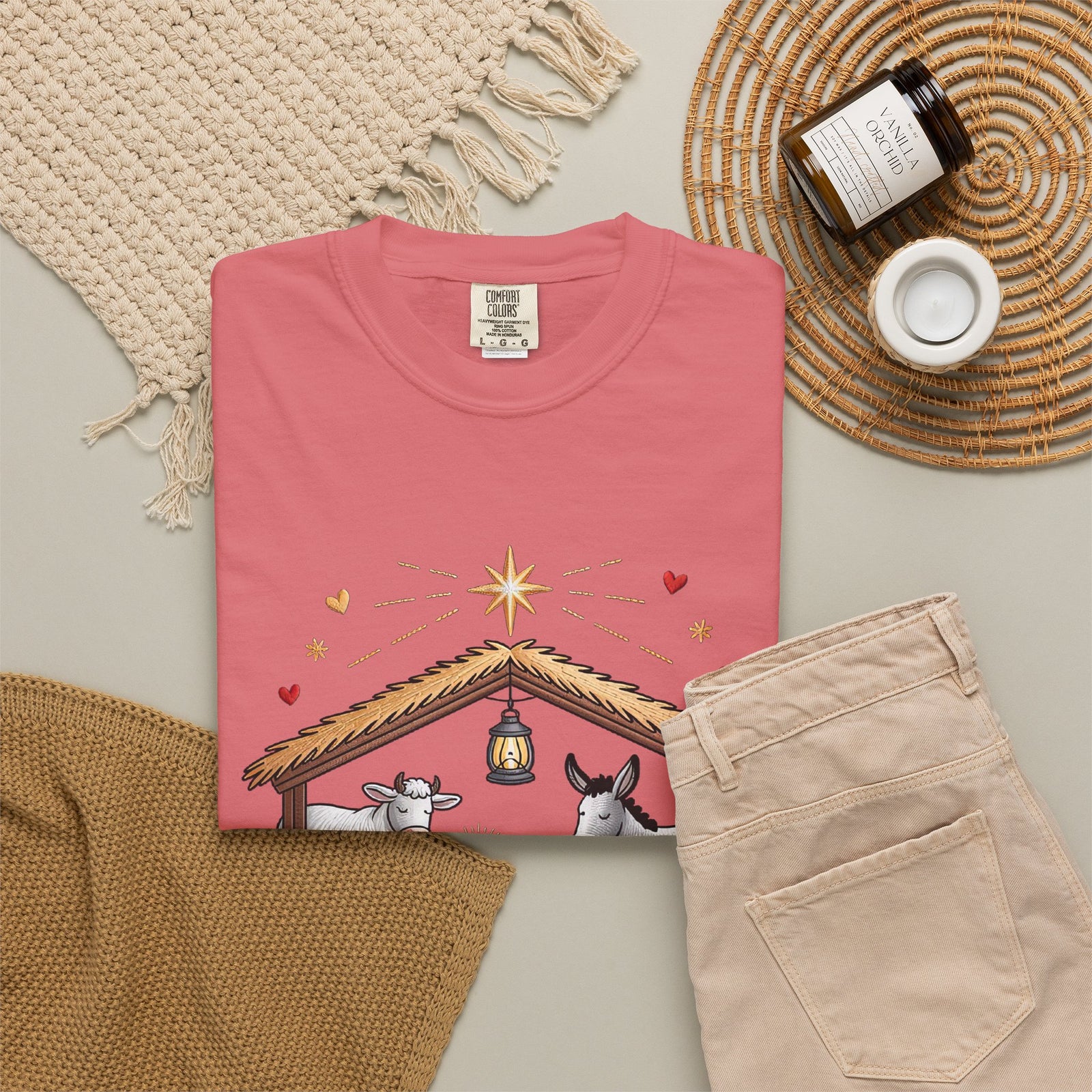 Christ the Savior is Born Faux Embroidery T-Shirt Nativity Scene Graphic Tee