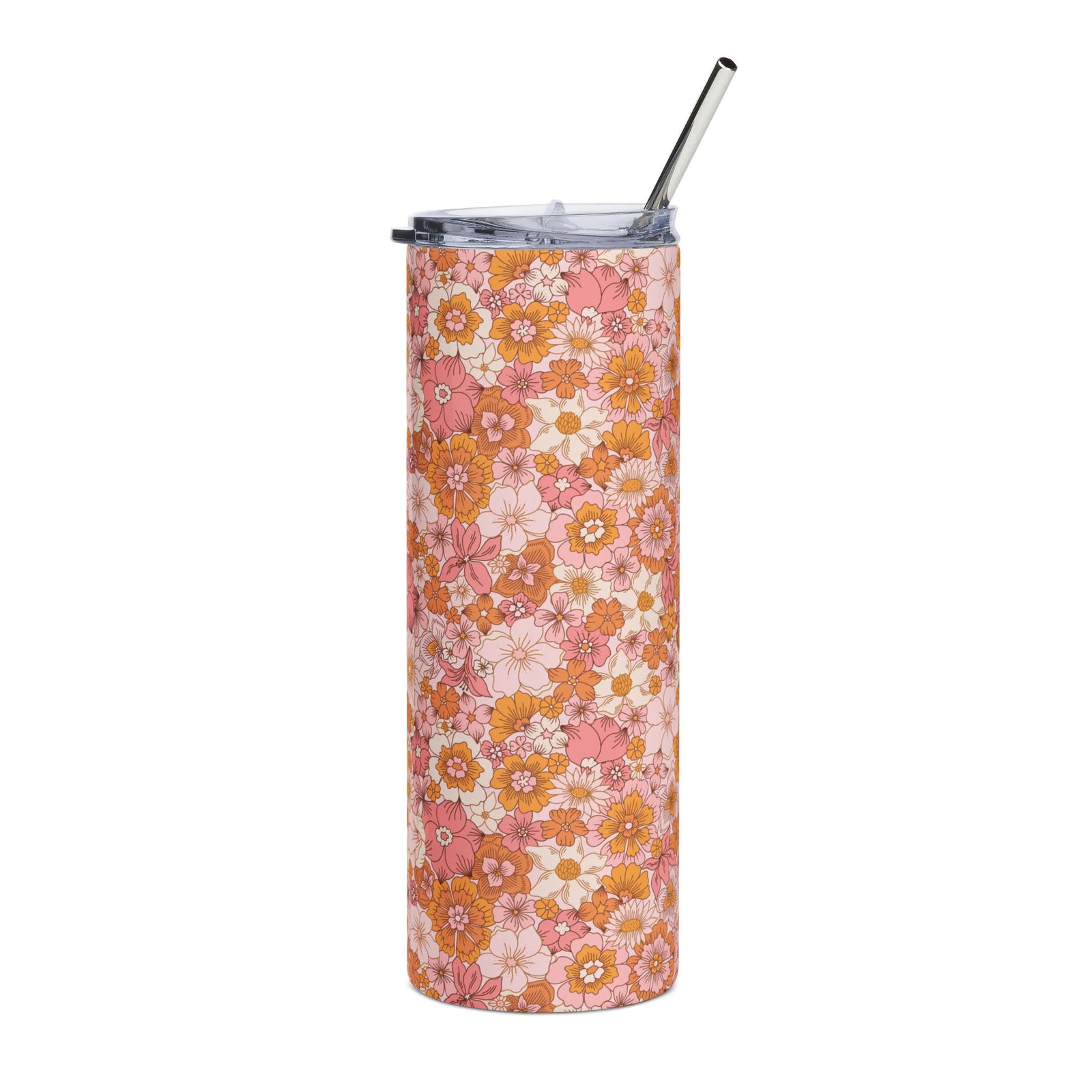 Retro Pink Orange Fall Floral 20oz Stainless Steel Tumbler Insulated Travel Cup