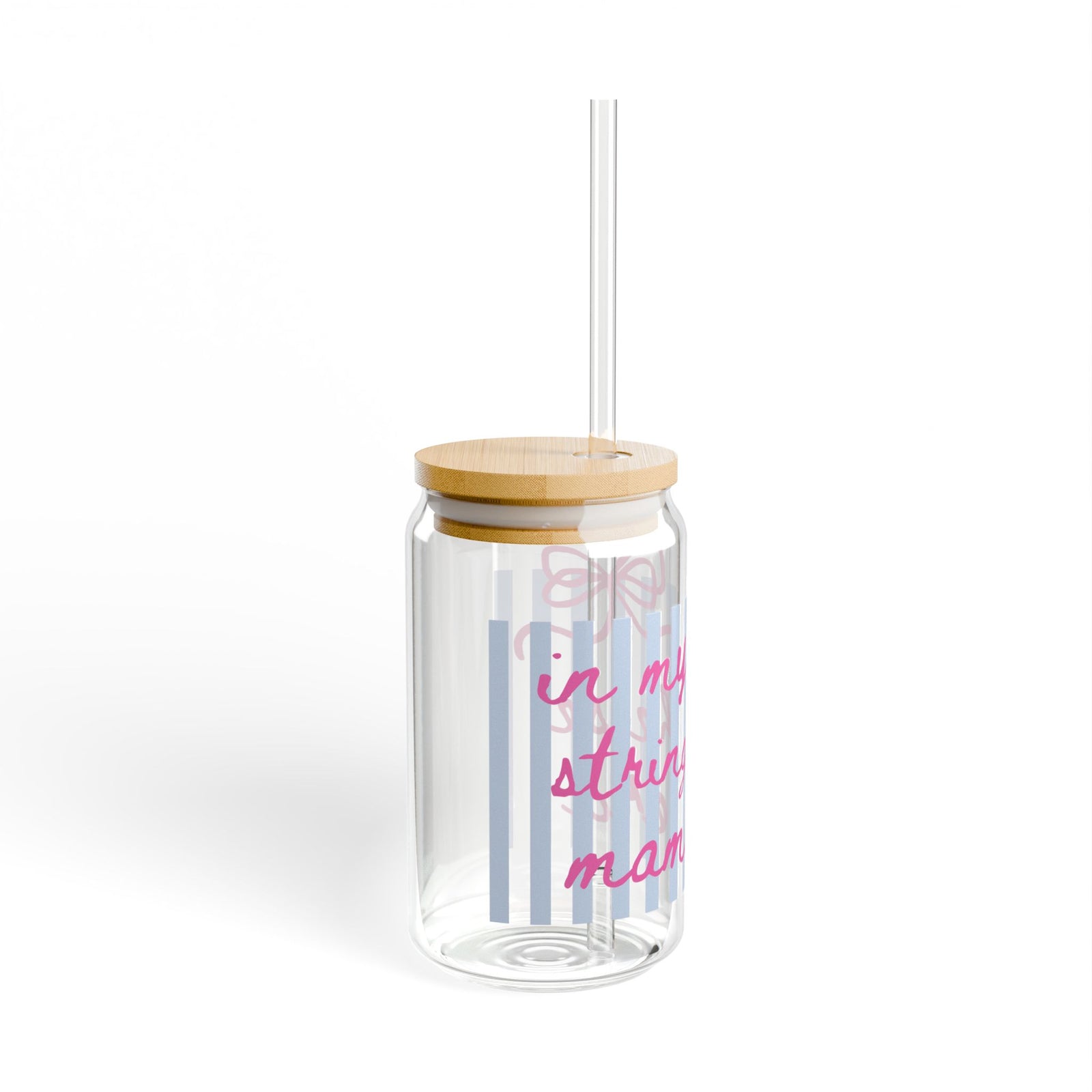 In My String Cheese Cheer Mama Era Pink Script Sipper Glass 16oz Reusable Drink Jar with Lid & Straw