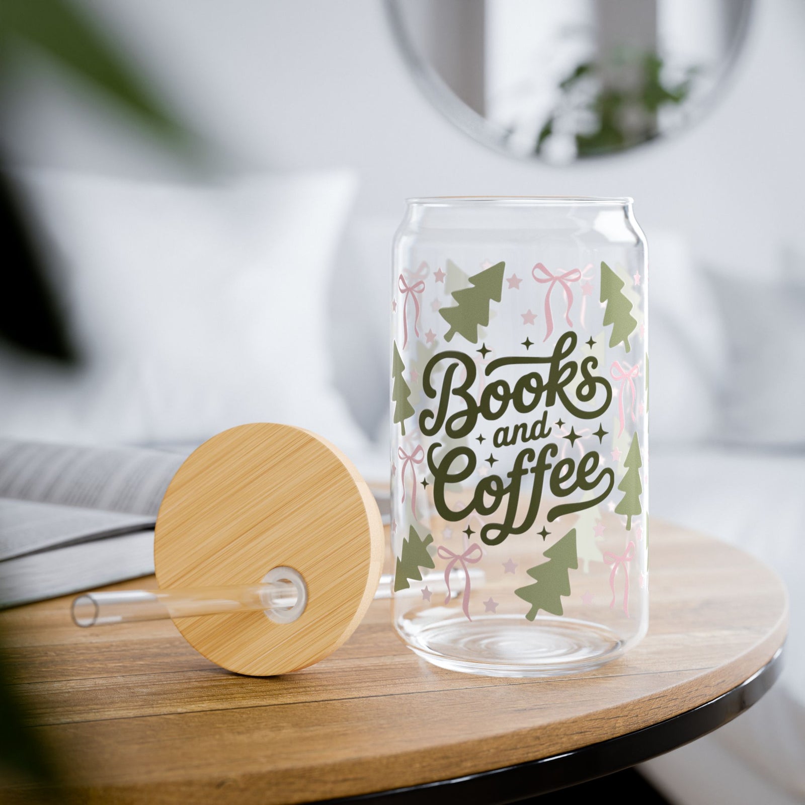 Books & Coffee Coquette Trees 16 oz reusable glass drink jar with lid and straw