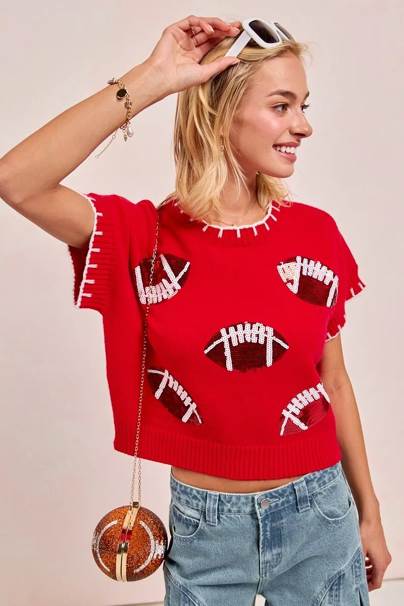 BiBi Gameday Sequin Football Embroidered Stitch Sweater - Sydney So Sweet