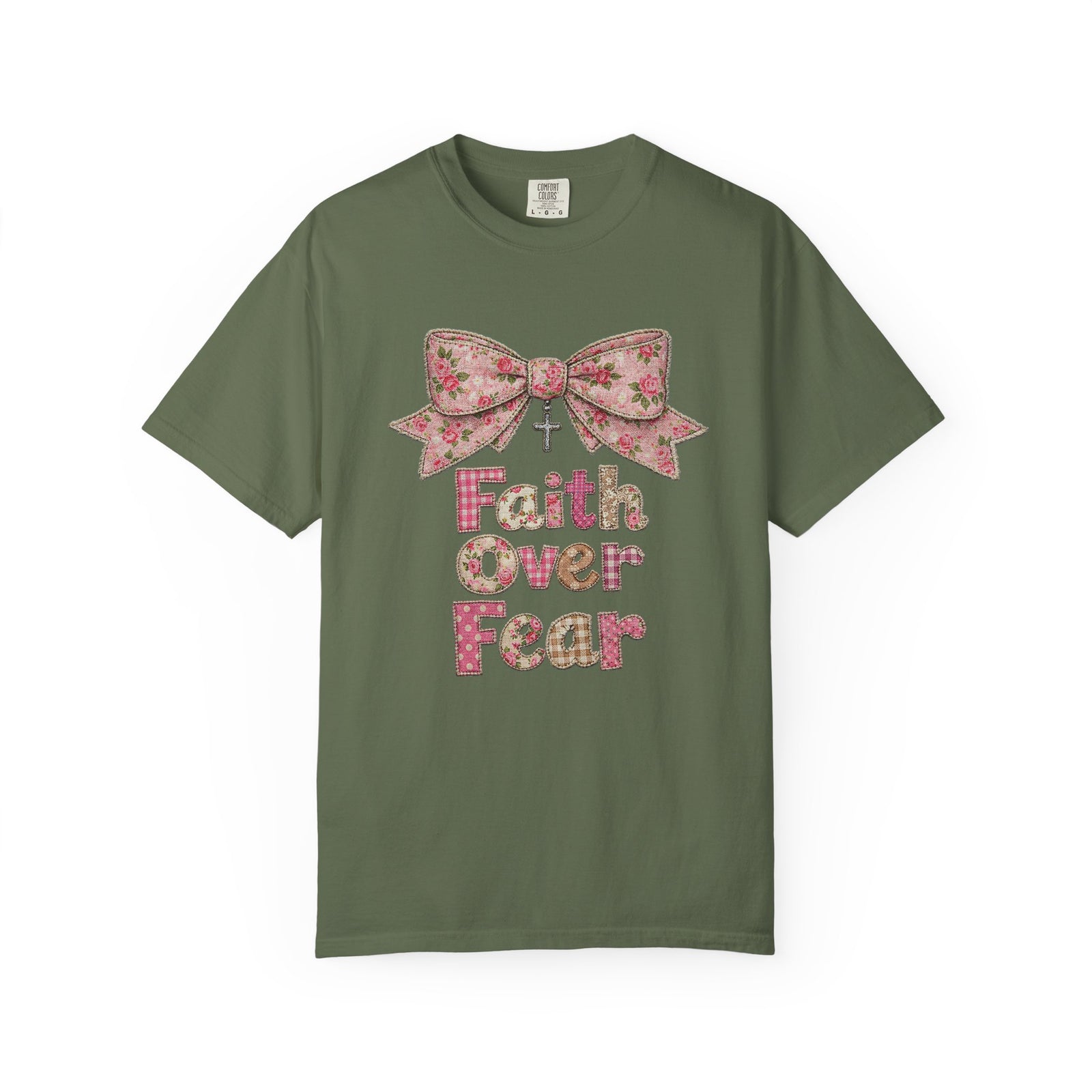 Faith Over Fear T‑Shirt Floral Faux Fabric Patch Bow Christian Tee