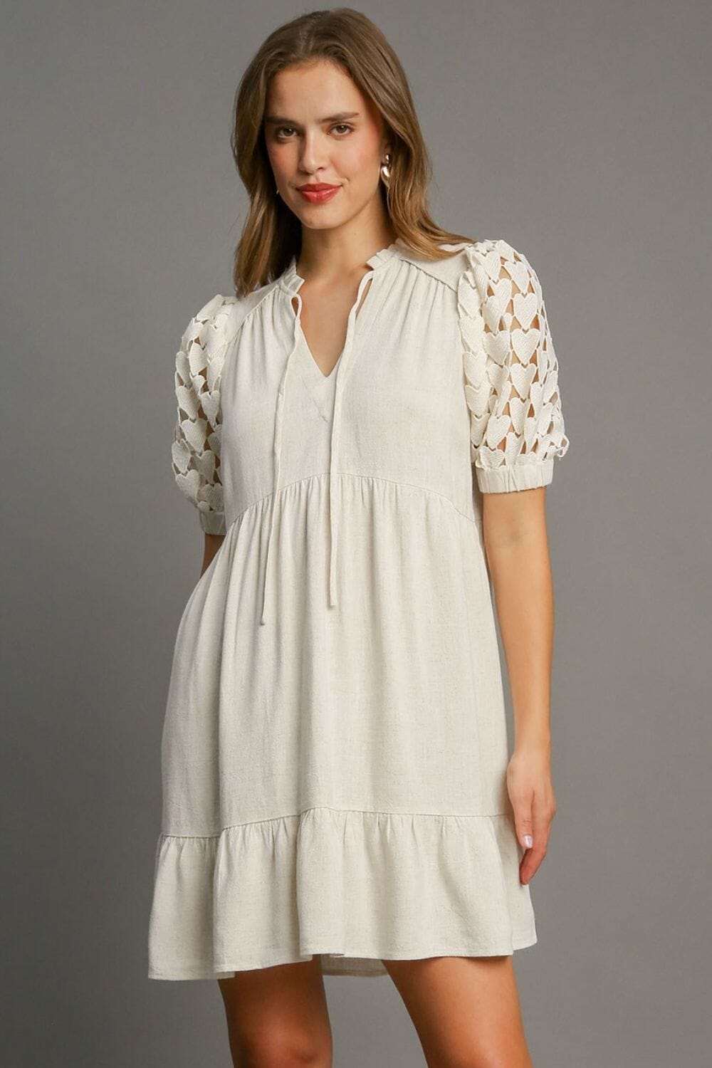 Umgee Full Size Ruffled Hem Heart Lace Sleeve Tie Neck Dress Plus Size - Sydney So Sweet