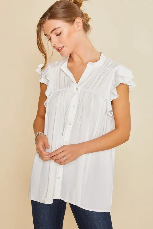 Annie Wear Ruffle Sleeve Shirred Flowy Woven Tunic Shirts - Sydney So Sweet