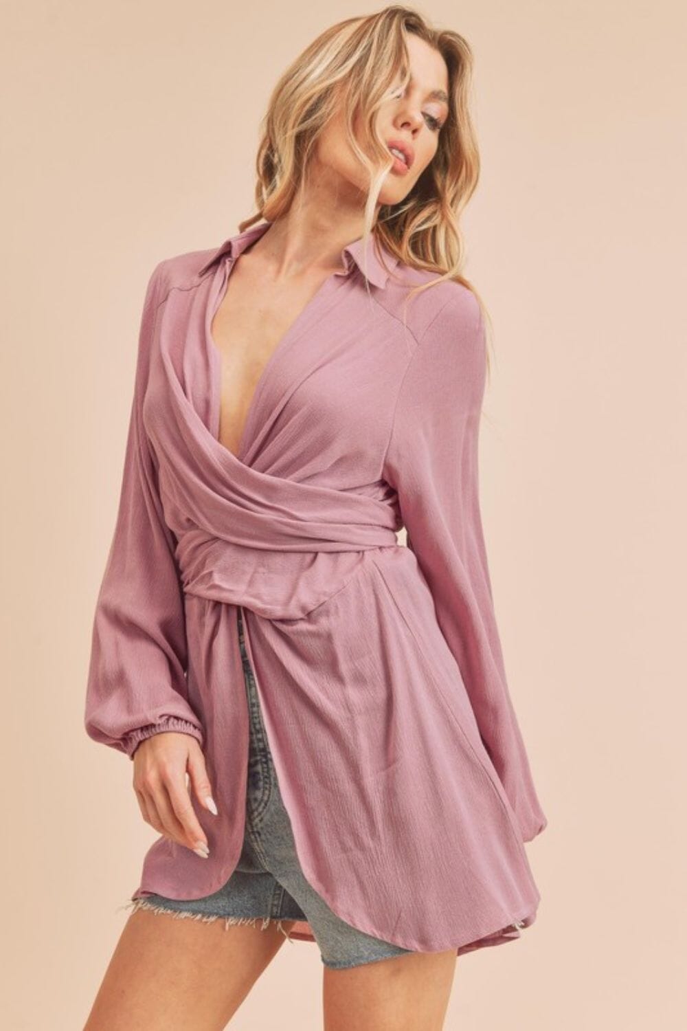 Aemi + Co Tied Collared Neck Long Sleeve Top - Sydney So Sweet