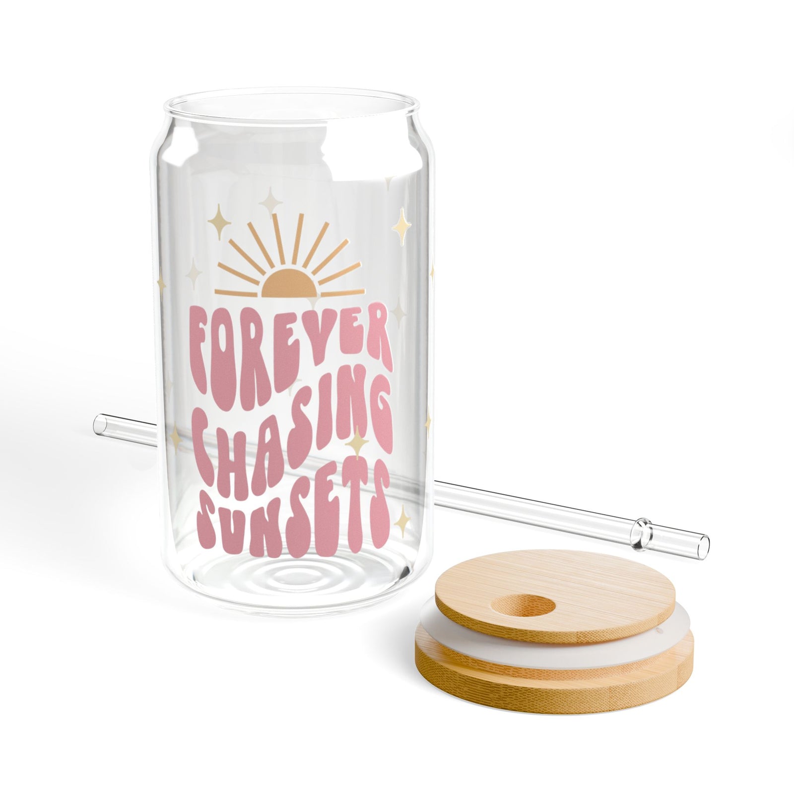 Forever Chasing Sunsets Tumbler Sipper Glass 16oz — Reusable Drink Jar with Lid & Straw