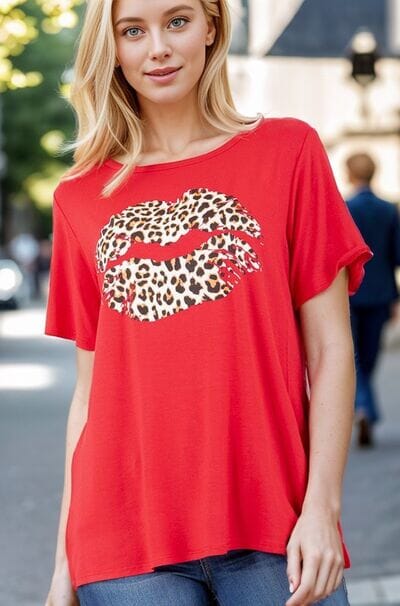 Heimish Full Size Leopard Lip Round Neck Short Sleeve T-Shirt Plus Size - Sydney So Sweet