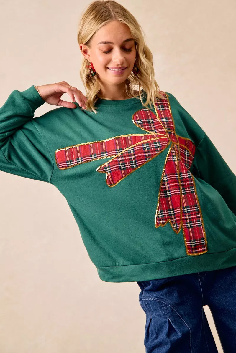 BiBi Plaid Ribbon Bow Detail Christmas Fleece Pullover - Sydney So Sweet