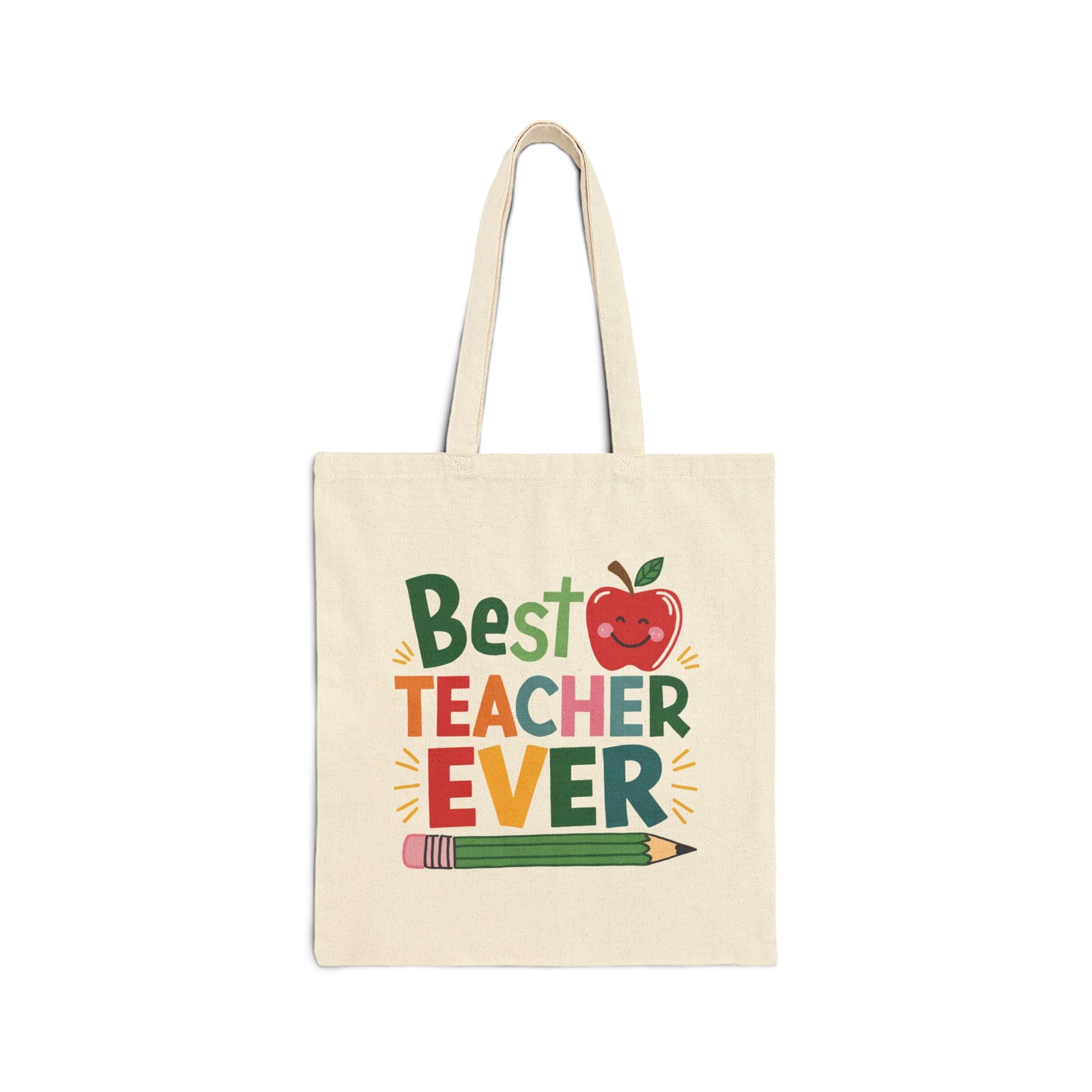 Best Teacher Ever Tote Cute Apple & Pencil Teacher Appreciation Cotton Canvas Bag