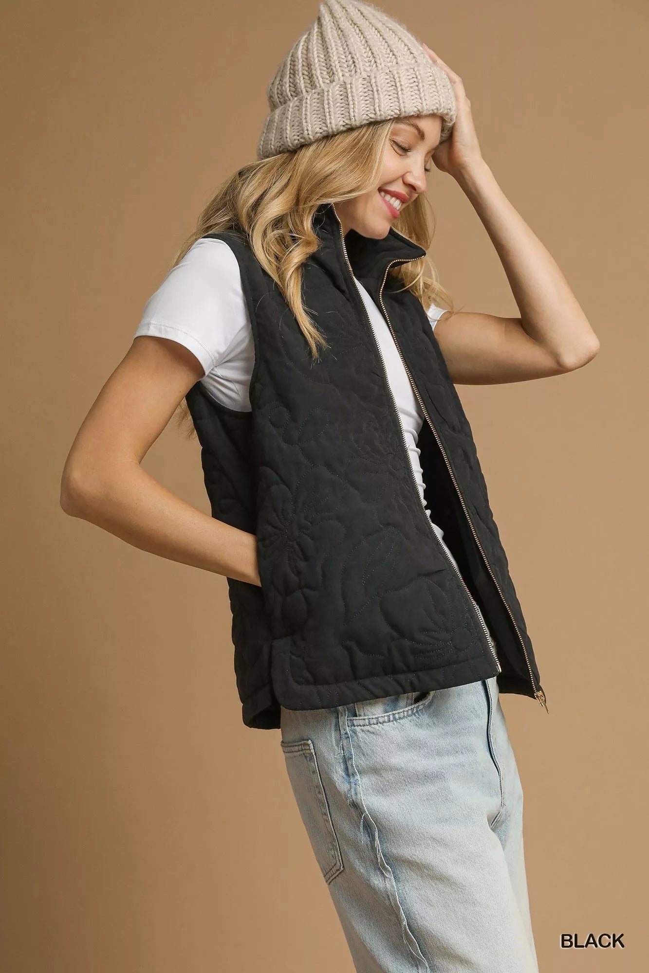 Umgee Quilted Floral Zip Up Vest with Pockets - Sydney So Sweet