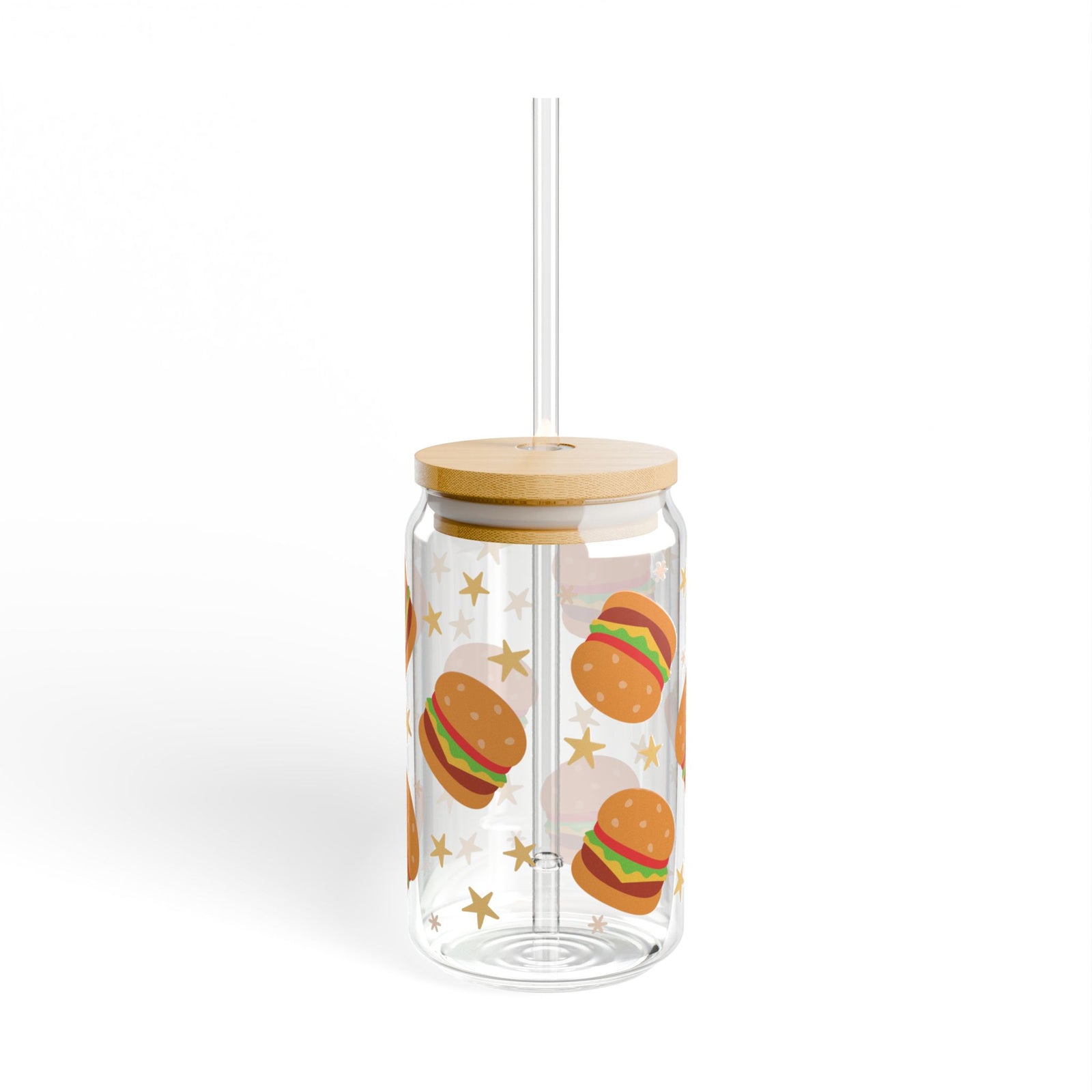 Burgers Tumbler Sipper Glass 16oz — Reusable Drink Jar with Lid & Straw