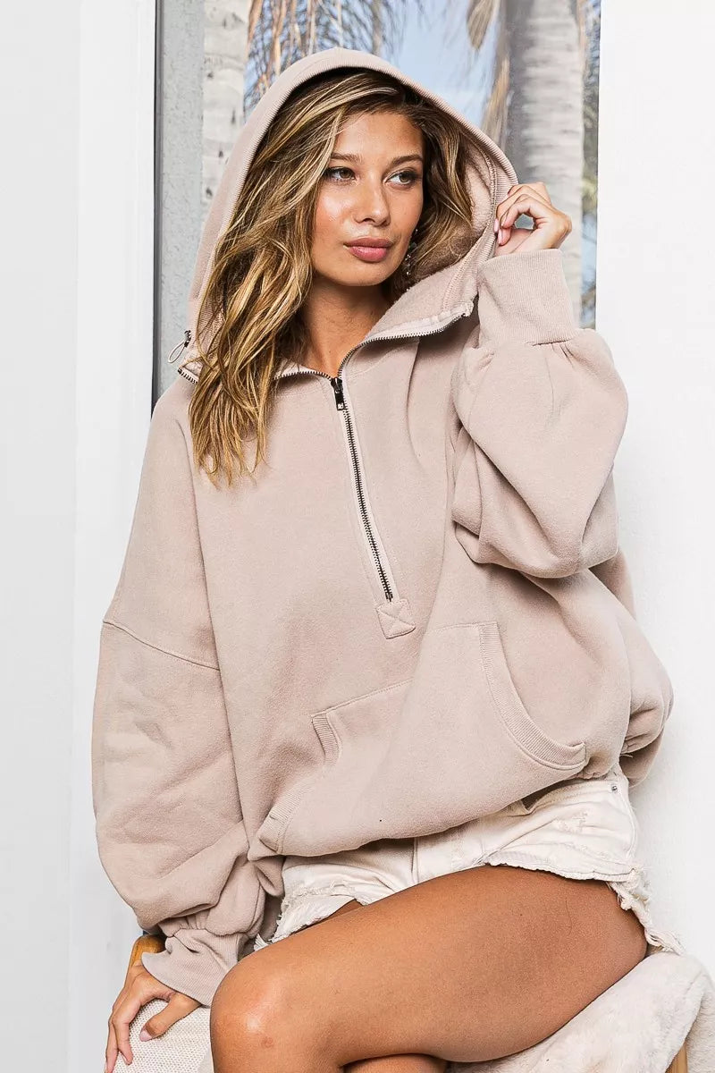 BiBi Stitch Detailed Elastic Hem Half Zip Fleece Hoodie - Sydney So Sweet