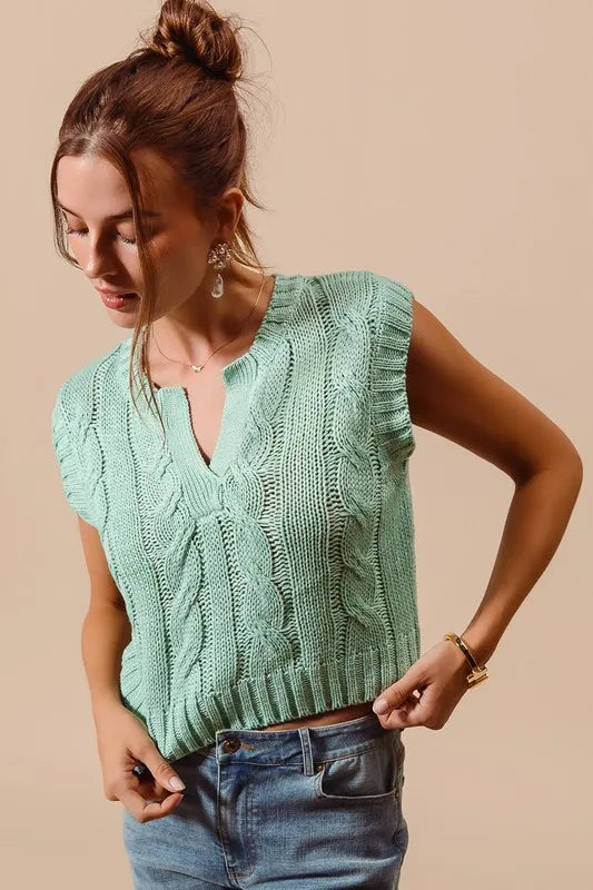 SO ME Notched Neck Cable Knit Sweater Vest - Sydney So Sweet