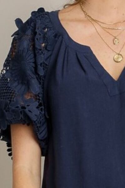 Umgee Full Size French Terry Boxy Cut Top with 3D Floral Sleeve Plus Size - Sydney So Sweet