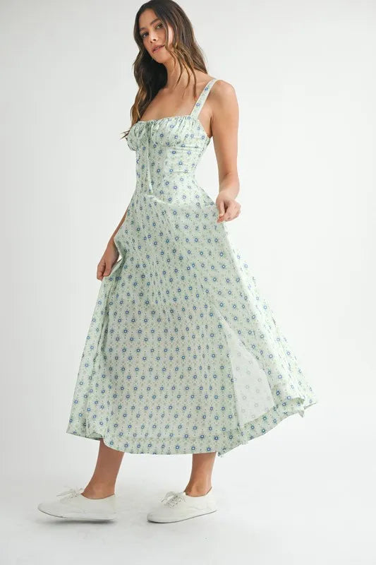 MABLE Floral Print Bustier Back Lace Up Midi Dress - Sydney So Sweet