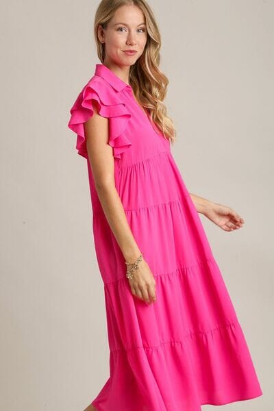 Umgee Full Size Johnny Collar Ruffle Cap Sleeve Tiered Dress Plus Size - Sydney So Sweet