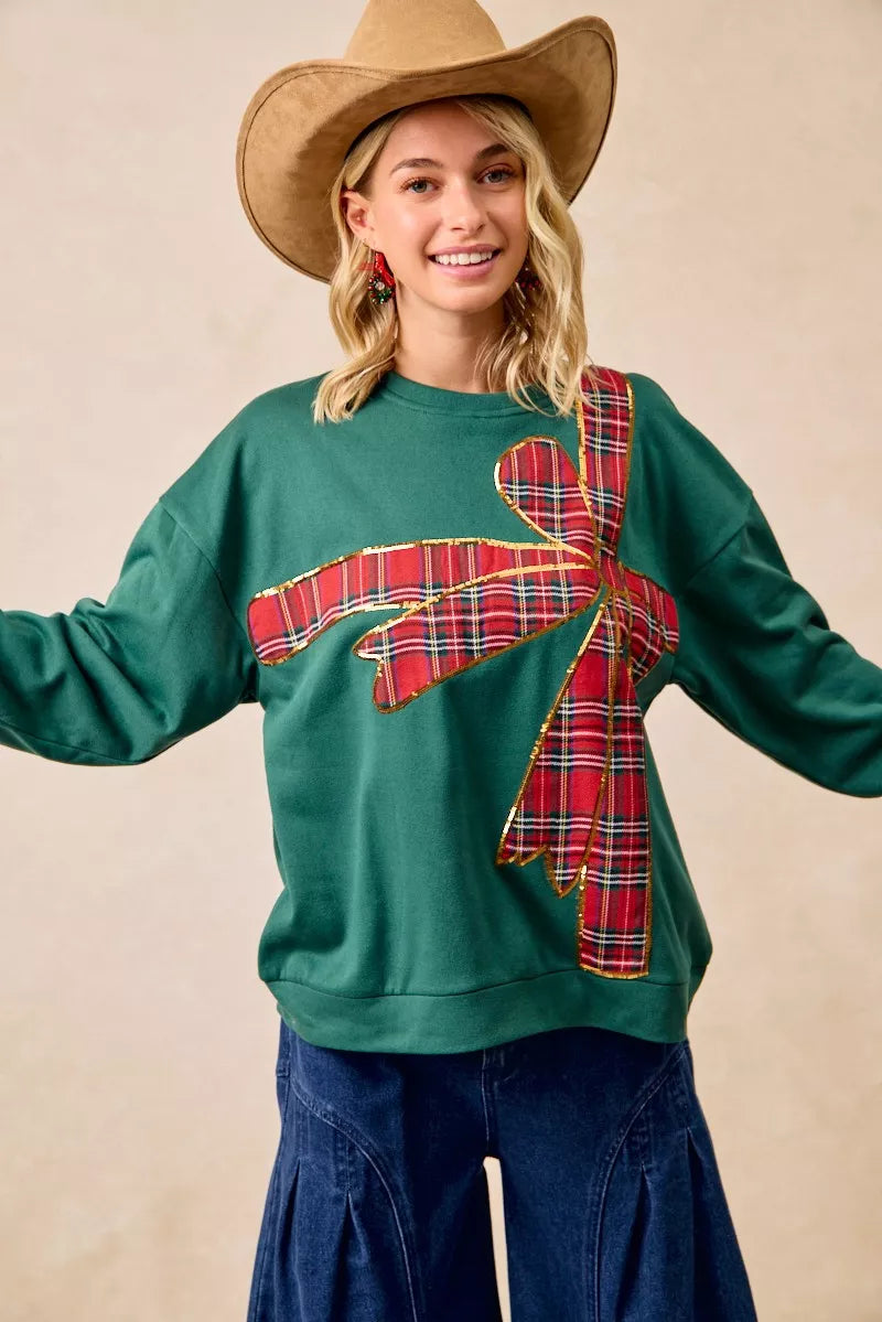 BiBi Plaid Ribbon Bow Detail Christmas Fleece Pullover - Sydney So Sweet