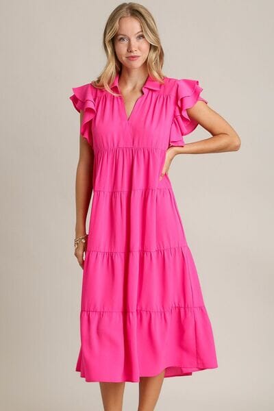 Umgee Full Size Johnny Collar Ruffle Cap Sleeve Tiered Dress Plus Size - Sydney So Sweet