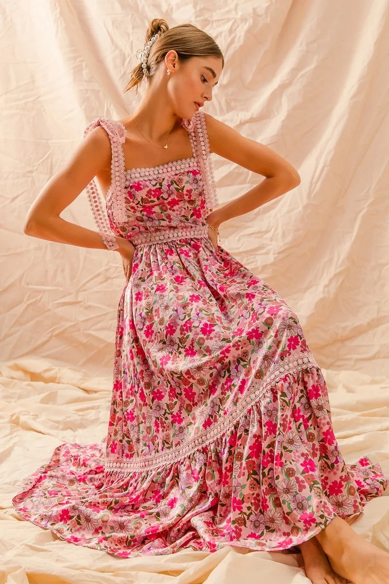 SO ME Floral Maxi Dress With Ribbon Tie Lace Strap - Sydney So Sweet