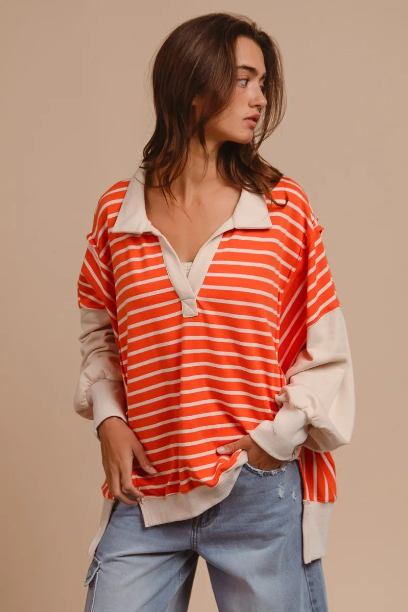 BiBi Stripe Knit Loose Fit Top With Cut Edge Detail - Sydney So Sweet
