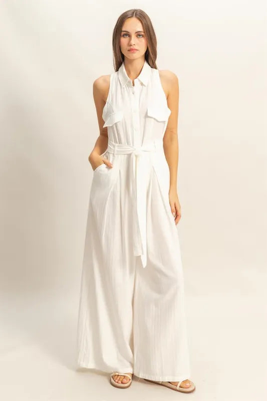 HYFVE Sleeveless Tie Waist Wide Leg Jumpsuit - Sydney So Sweet