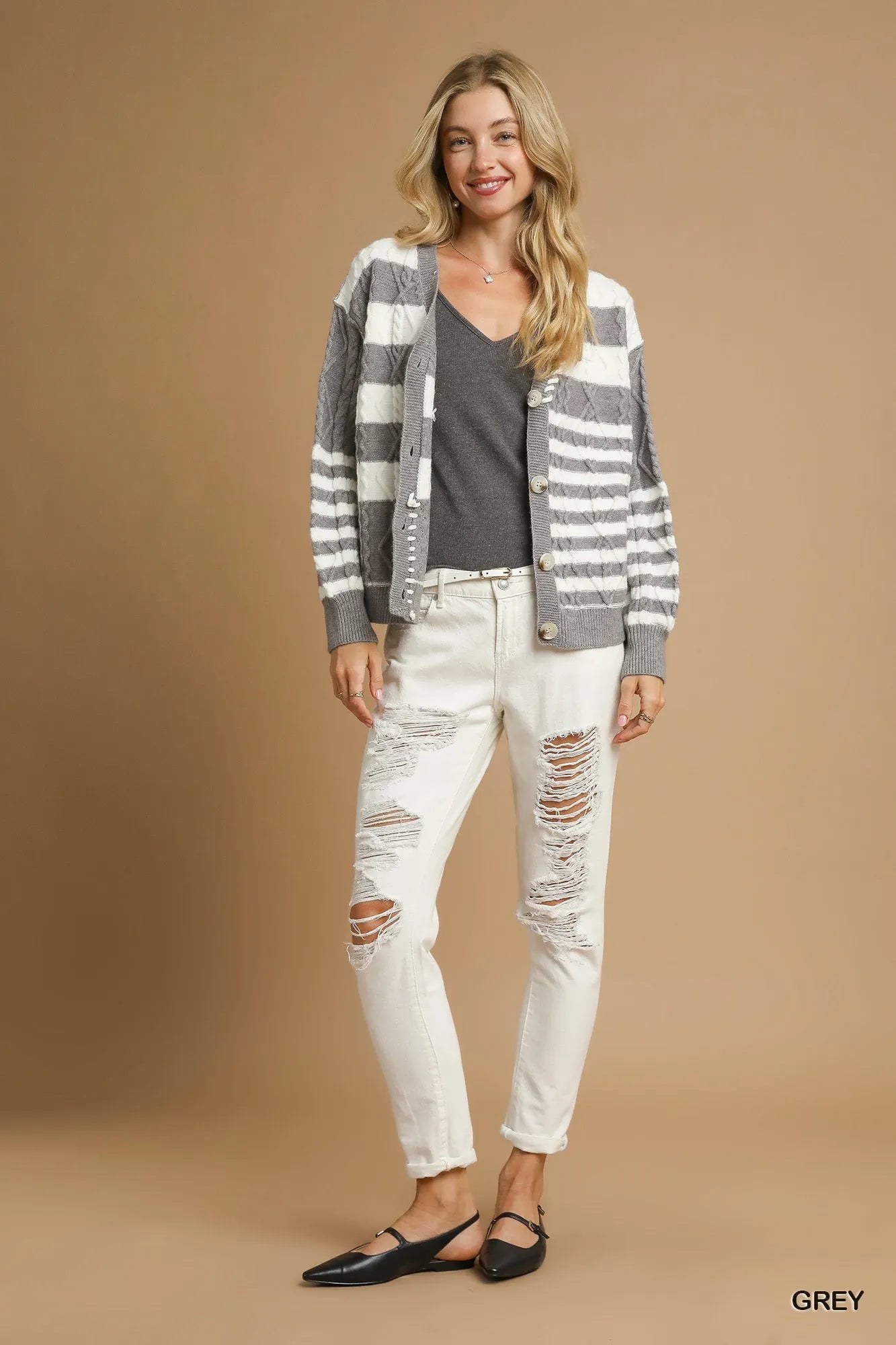 Umgee Cable-Knit Stripe Button-Up Cardigan - Sydney So Sweet