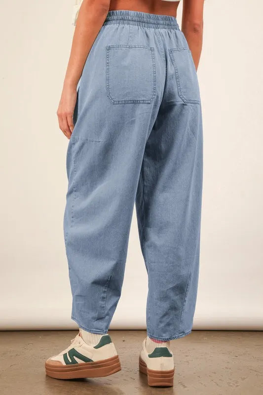 VERY J Washed Chambray Barrel Denim Pants - Sydney So Sweet