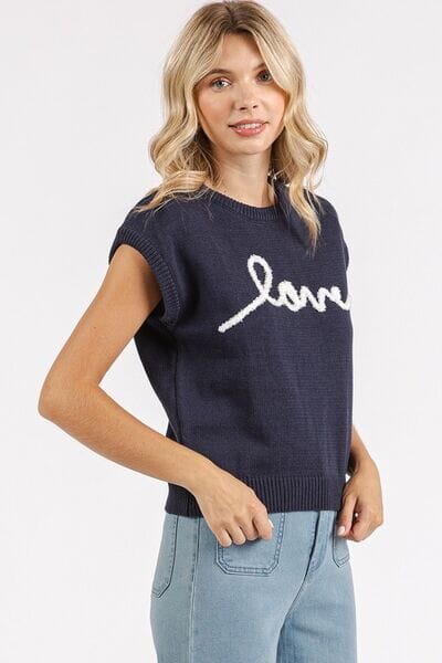 Mittoshop Contrast Letter Round Neck Cap Sleeve Knit Top - Sydney So Sweet