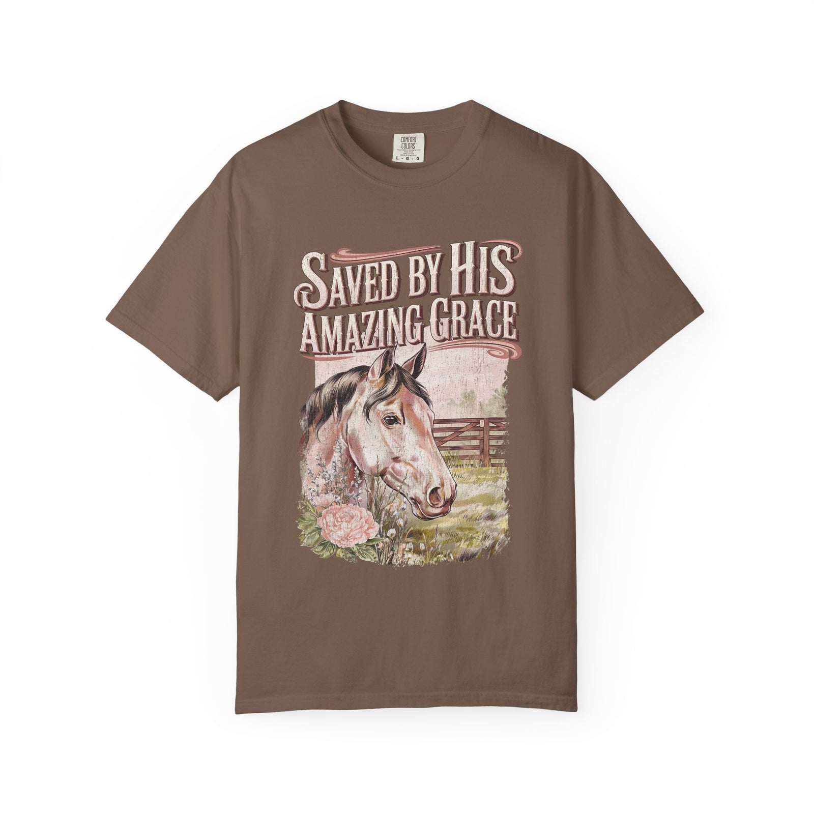 Saved By His Amazing Grace Horse Christian Tee Distressed Graphic T-Shirt