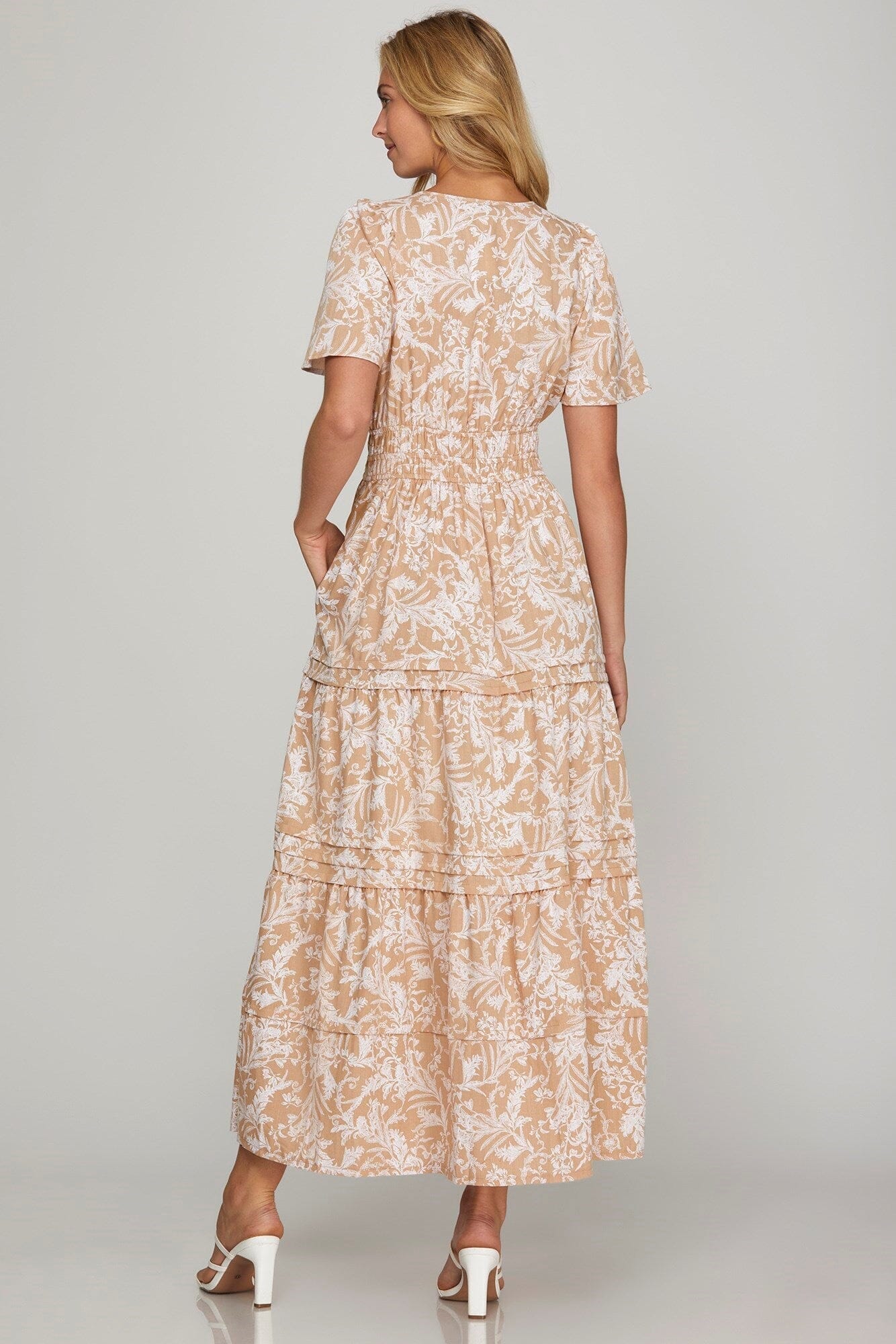 She + Sky Printed Notched Woven Tiered Pintuck Maxi Dress with Side Pockets - Sydney So Sweet