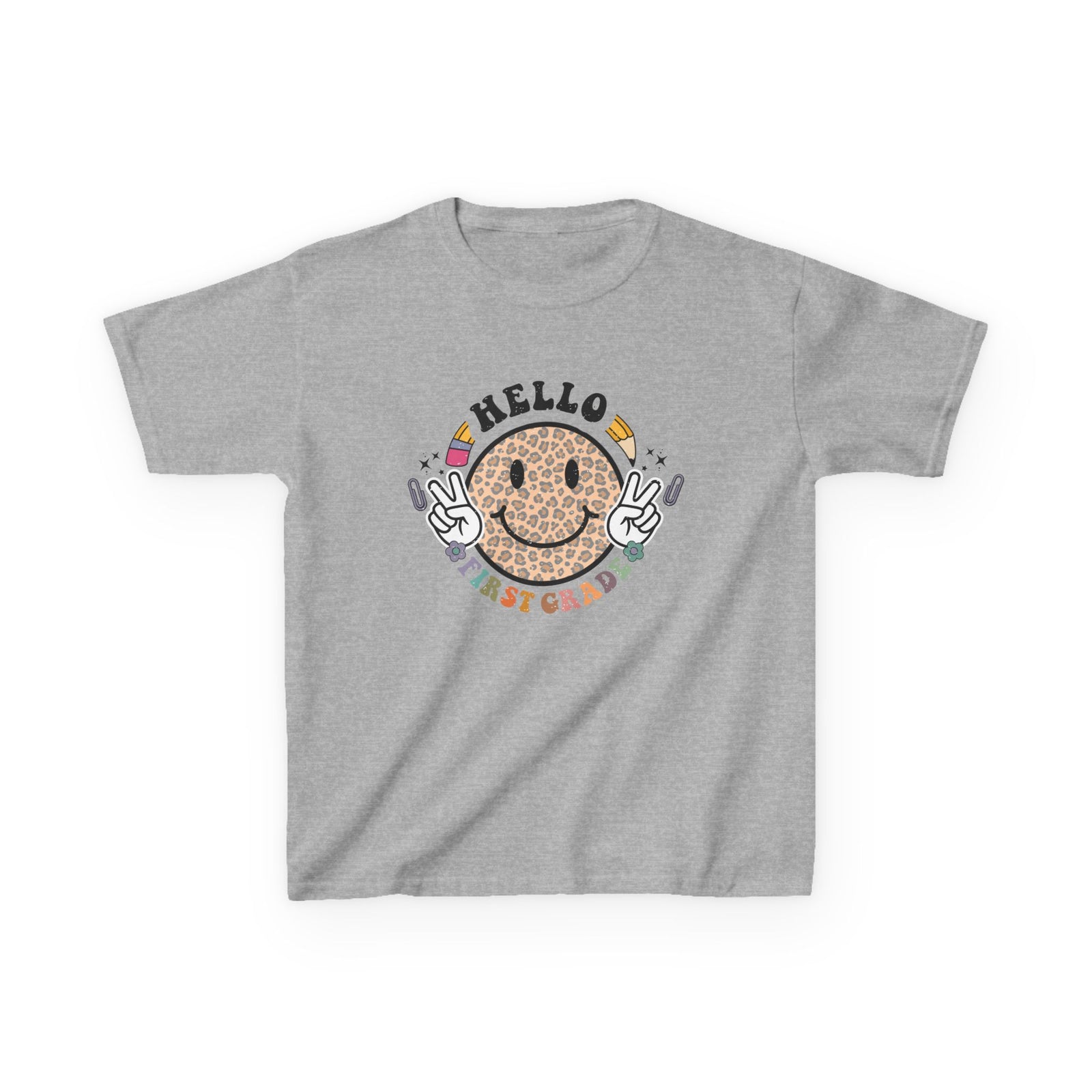 First Grade Cheetah Smiley Face Graphic Tee Back-to-School 1st Grade Kids T-Shirt