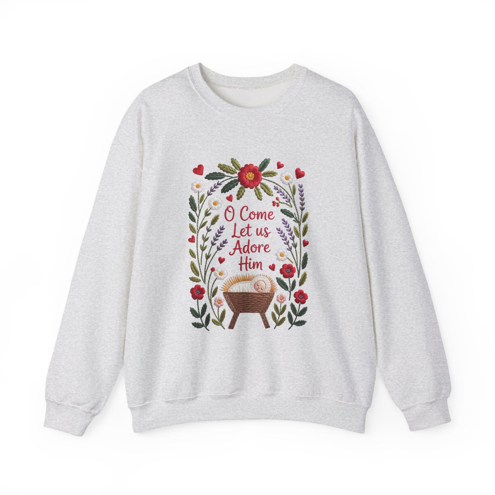 O Come Let Us Adore Him Faux Embroidery Christmas Nativity Crewneck Unisex Sweatshirt